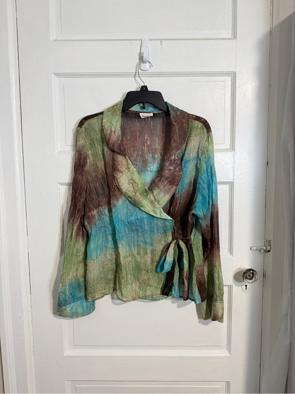 Y2K Vintage Whimsigoth Sheer Floral Embroidered Collared Wrap Blouse Green Blue